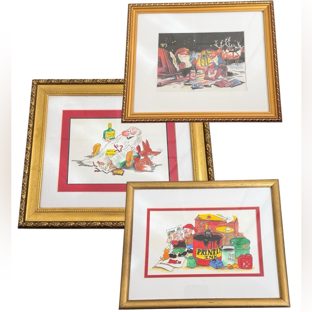 Santa Clause & His Elves Wall Decor Re-Drawn Painted Gold Frames Set of 3